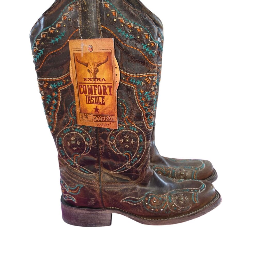 Corral Western Boots Size 8M Brown Embroidered Steer Head Square Toe Comfort - Picture 3 of 12